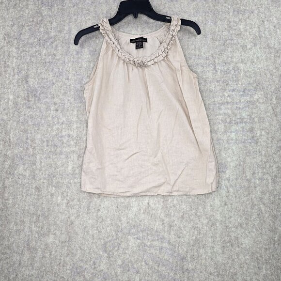Maria Christina Beige Sleeveless Linen & Rayon Ruffled Neckline Womens Top - Picture 1 of 5